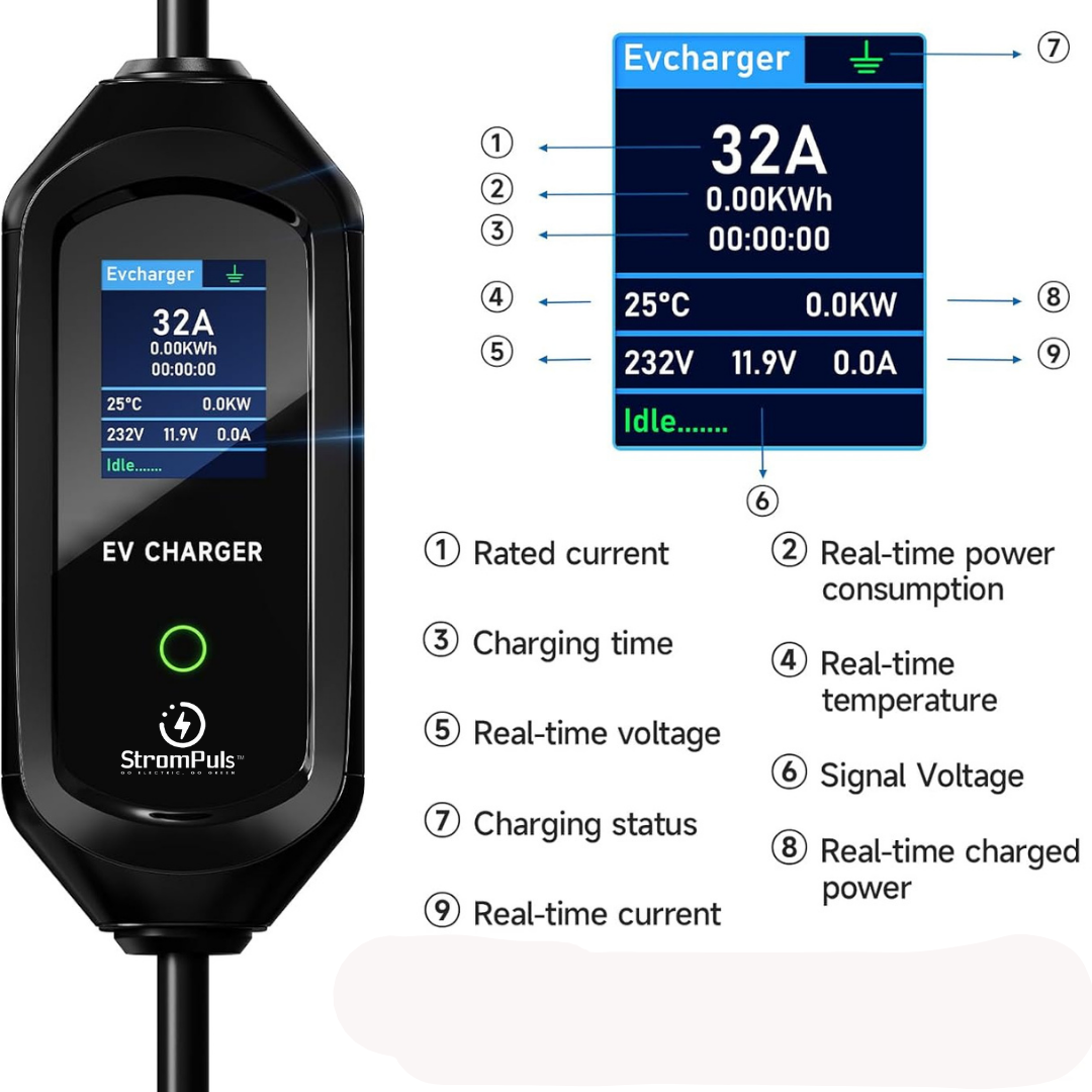 StromPuls 3.6KW 16A PORTABLE EV CHARGER|Smart App Wifi BT | 8A to 16A Variable |2.6" Large Screen| Type 2 | 5 Meter Cable | Indian 3-pin | Carry Bag| Wall Holder Clips|
