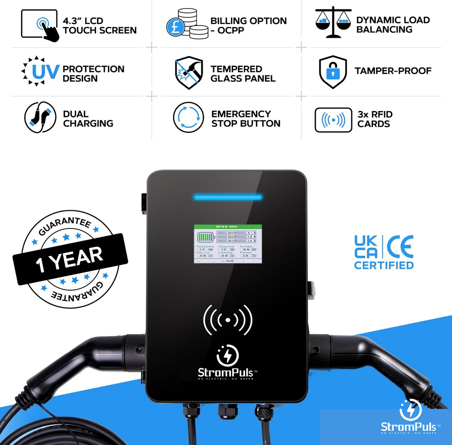 StromPuls Dual EV Charger | 44kW (2 x 22kW) | Charge 2 Cars At Once | Type 2 | LCD & Smart App | Three Phase for Home, Commercial or Business Use | Indoor/Outdoor | Universal Wall Box | OCPP 1.6 |AC CHARGER|