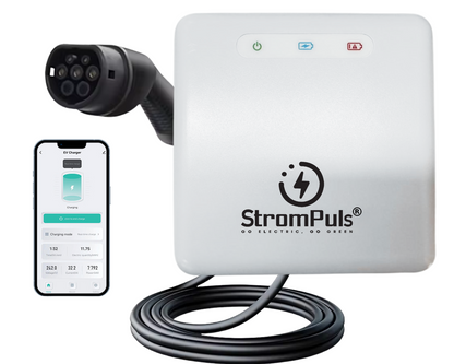 Strompuls EV Charger 7.2 kW, Smart App, 32A Single Phase, 5M TPU Cable, Adjustable Amp, Indicator Light, WiFi BT, IP55,RCD A + 6ma DC, Pen Protection, Emergency Earthing Off Option (White)
