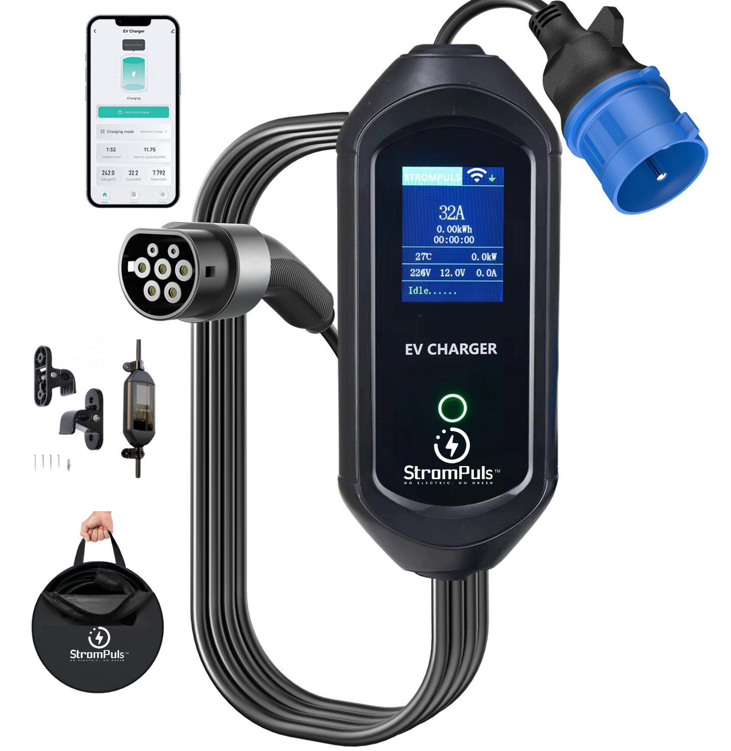 StromPuls 7.2 kW Portable EV Charger|App with WIFI BT, 5m Cable| 32A Single Phase| 2.6" LargeScreen|Adjustable Current|carrying Bag|Wall Holder Clips| CE UKCA FCC Certified|