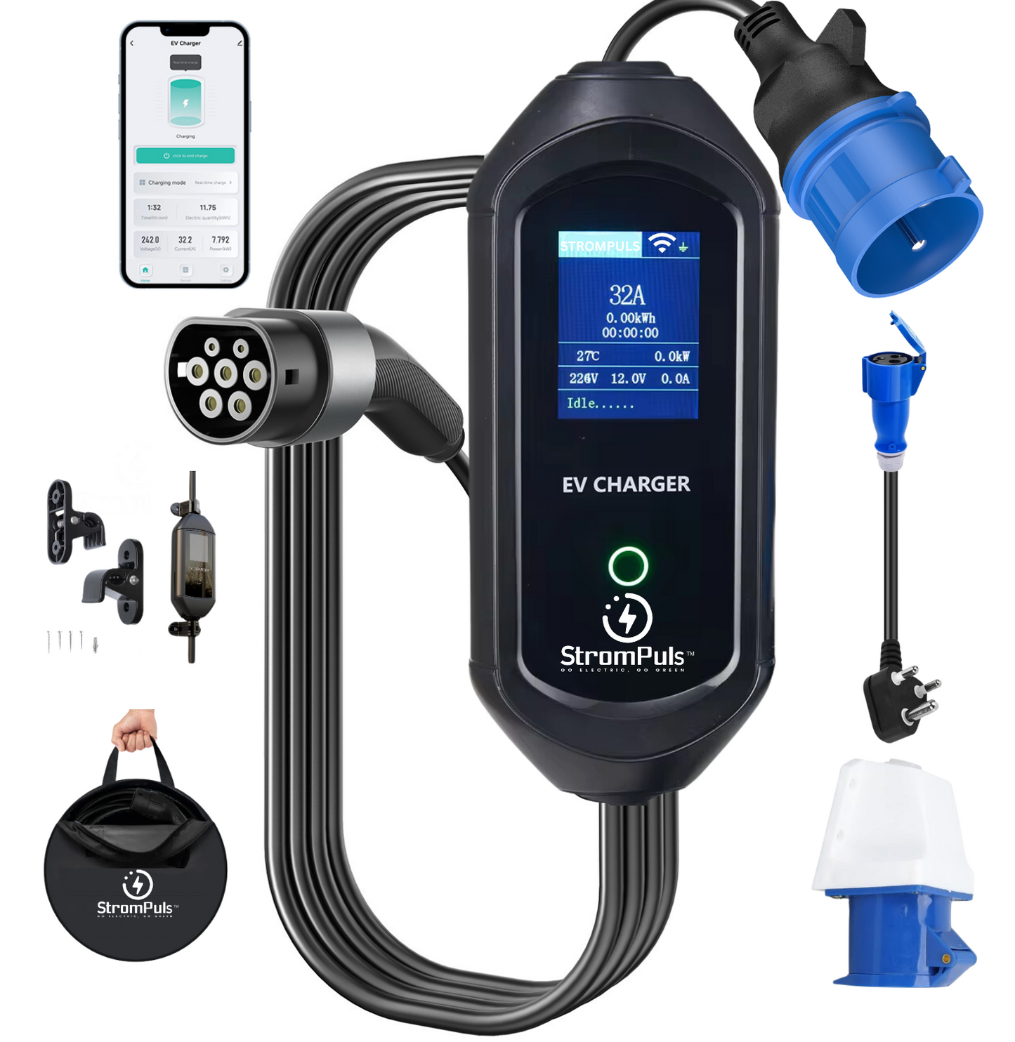 StromPuls 7.2 kW Portable EV Charger Bundle |App with WIFI BT, 5m Cable| 32A Single Phase| 2.6" LargeScreen|Adjustable Current|carrying Bag|Wall Holder Clips| CE UKCA FCC Certified(Bundle)